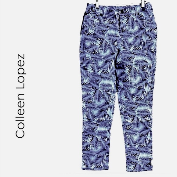 NEW COLLEEN LOPEZ PRINTED TWILL SKINNY JEANS CHAMBRAY PALM - Picture 1 of 3